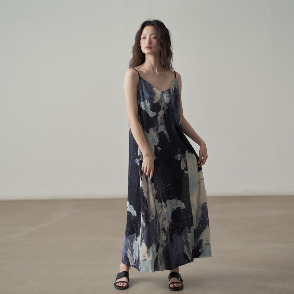 【ワンピース】フレンチヴィンテージ水墨画プリント・ゆったりカジュアル・ノースリーブワンピース【SHシリーズ】
