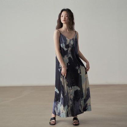 【ワンピース】フレンチヴィンテージ水墨画プリント・ゆったりカジュアル・ノースリーブワンピース【SHシリーズ】