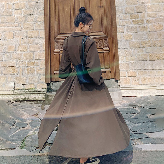 全4色【ワンピース】フレンチ 春秋  気質エレガント トレンチ風 大フレアロング 長袖ワンピース【JZシリーズ】