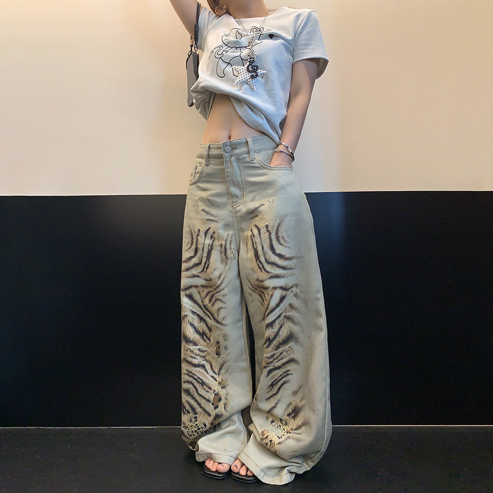 【ボトムス】デニムパンツ レディース レオパード柄 ワイドパンツ ヴィンテージ風 カジュアル モード【FCシリーズ】