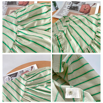 條紋泡泡袖襯衫｜夏季寬鬆顯瘦半袖上衣｜棉質通勤百搭襯衣【SH系列】