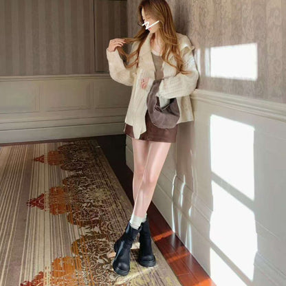 【シューズ】2丈タイプ レトロ丸トゥ 太ヒール ベルト ミドルライダーブーツ