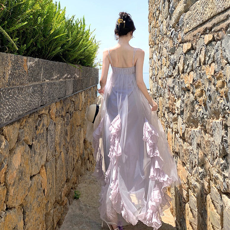 【ワンピース】フリル キャミワンピース レディース 夏 パープル ロングワンピース フェミニン ガーリー リゾート 沖縄旅行【SHシリーズ】