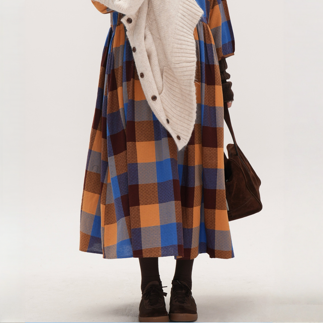 【ワンピース】春 秋 冬 レトロ風 ゆったりチェック柄 ロング ワンピース ワンピース 【JZシリーズ】