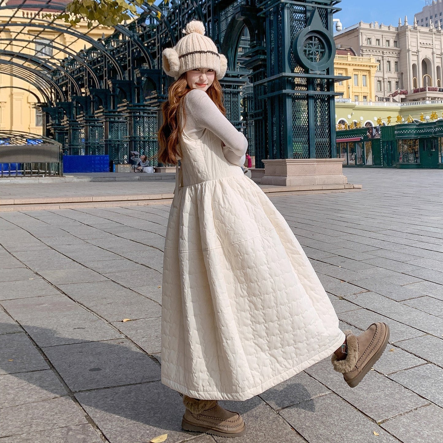 【ワンピース】韓国風  チェック柄  中綿入り ノースリーブワンピース 花びらシルエット レディース 秋冬新作【JZシリーズ】