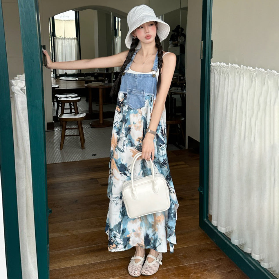 【ワンピース】夏新作 レトロ油絵風 ゆったりシルエット デニム切り替え カラフル小花柄 ノースリーブワンピース【SHシリーズ】
