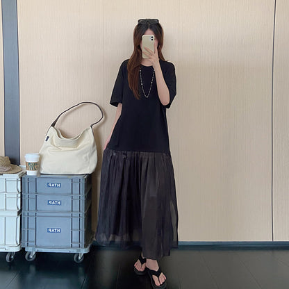 【ワンピース】大きいサイズワンピース レディース 夏 半袖 ブラックワンピース ゆったりシルエット 着痩せ 体型カバー【JZシリーズ】