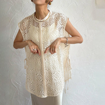 NEW長袖入荷！【トップス】 夏新作 日本風 ラウンドネック レーストップス  レース ノースリーブ ベスト タンクトップ シャツ