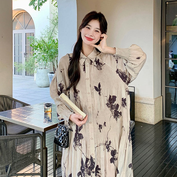 【ワンピース】新中華風 水墨花柄 長袖ワンピース レディース ハイウエスト Aライン トレンド【SHシリーズ】