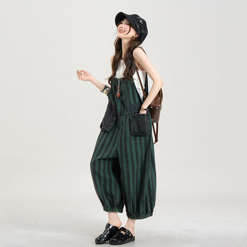 【ボトムス】ストライプ柄 デニムオールインワン キャミサロペット 7分丈 バルーンパンツ ルーズフィット カジュアル 夏【JZシリーズ】