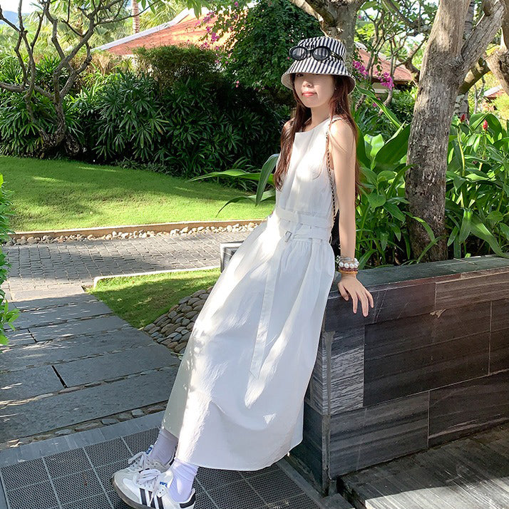 【ワンピース】シンプル ホワイト ノースリーブワンピース 夏 レディース ウエストマーク キャミソールワンピース【JZシリーズ】