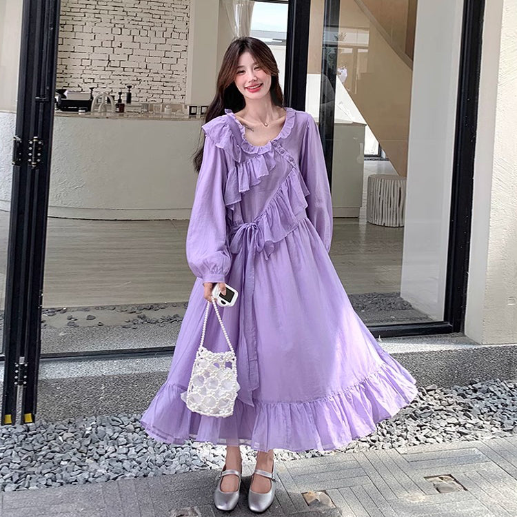 【ワンピース】フレンチ風パープルワンピース レディース 長袖 ロング丈 春夏秋 柔らかい雰囲気【JZシリーズ】