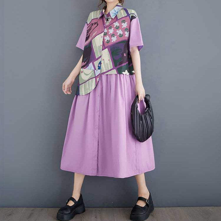 【ワンピース】プリント ワンピース 半袖 膝下 ゆったり ゆるシルエット 切替 痩せ見え 大きいサイズ レディース 夏 楽ちん 快適【SHシリーズ】