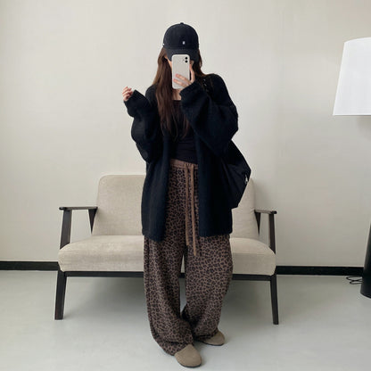 【ボトムス】アメリカンレトロ レオパード柄 ワッフルニット ワイドストレート イージーパンツ ウエストゴム レディース【FCシリーズ】