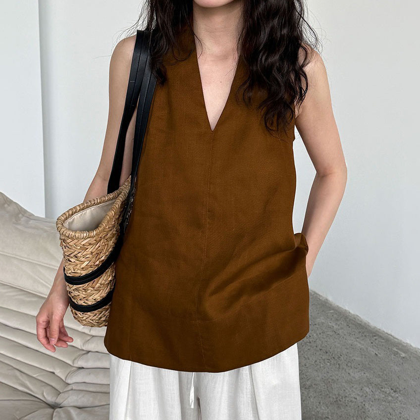 【トップス】デザイン性のある ハイネック 夏の涼感 リラックス Vネック ノースリーブブラウス【JZシリーズ】