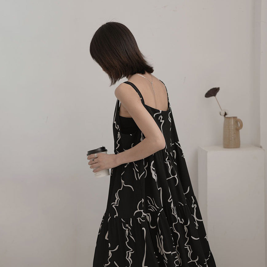 【ワンピース】韓国風 ヴィンテージ 気質 アブストラクトラインプリント ノースリーブワンピース【SHシリーズ】