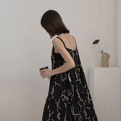 【ワンピース】韓国風 ヴィンテージ 気質 アブストラクトラインプリント ノースリーブワンピース【SHシリーズ】