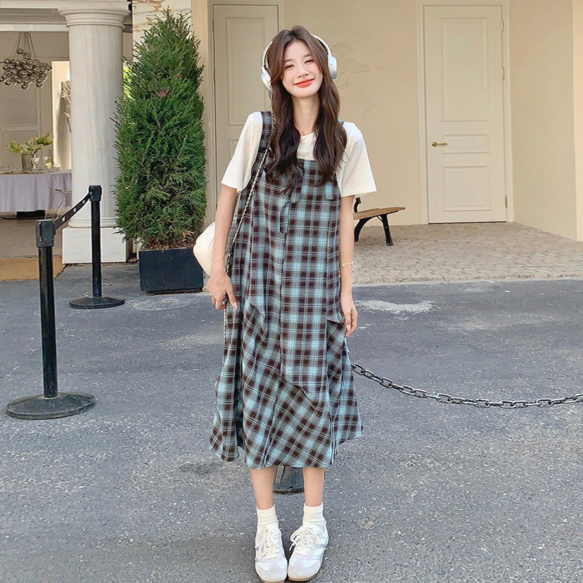 【ワンピース】日系 ナチュラル風 フェイクレイヤード 半袖 ワンピース レディース 夏 体型カバー スリム見え デザイン性【SHシリーズ】