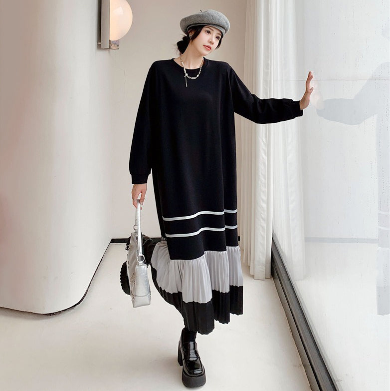 【ワンピース】韓国風 エレガント体型カバー 長袖ワンピース 大きいサイズ 着痩せ 膝下丈【JZシリーズ】