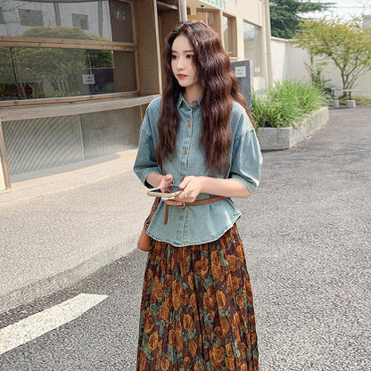 2点セット！ 【セットアップ】夏新作 デニム半袖トップス+ 花柄スカート 2点上下セット ラクして可愛い大人カジュアル 【SHシリーズ】
