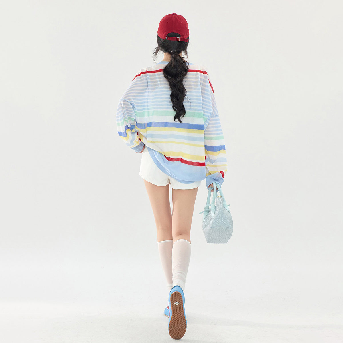 【トップス】カラーボーダーVネックニットトップス レディース 夏新作 長袖 薄手 透け感 シアー ゆったり Tシャツ【FCシリーズ】