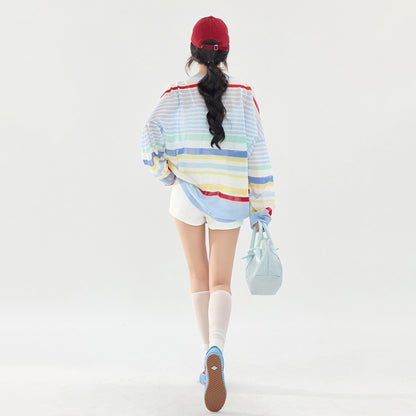 【トップス】カラーボーダーVネックニットトップス レディース 夏新作 長袖 薄手 透け感 シアー ゆったり Tシャツ【FCシリーズ】