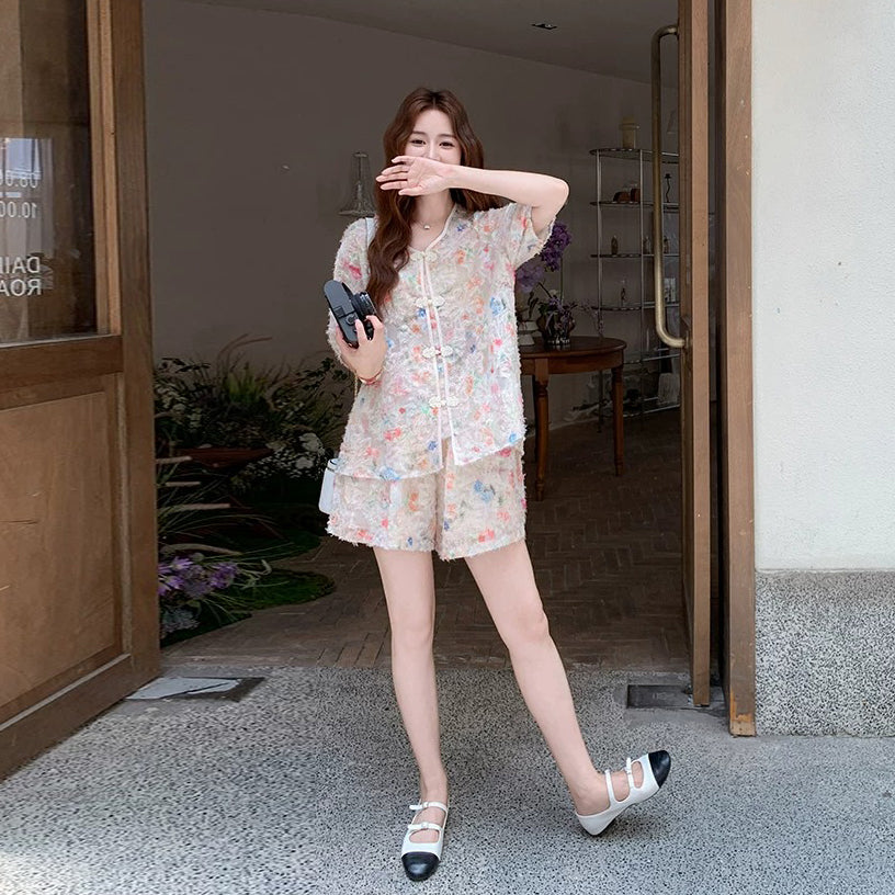 2点セット！【セットアップ】中華風 刺繍上下セット レディース 夏 トップス×ショートパンツ 上品 リゾートコーデ【SHシリーズ】