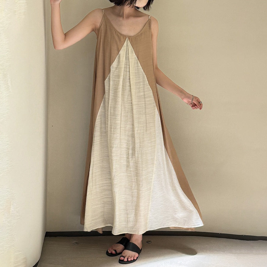 【ワンピース】リゾート風 編み込みストラップ付き 配色細見え ゆったりノースリーブワンピース【SHシリーズ】