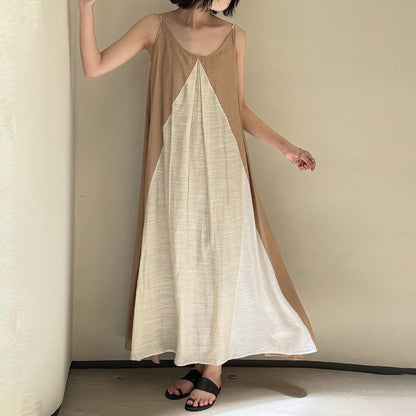 【ワンピース】リゾート風 編み込みストラップ付き 配色細見え ゆったりノースリーブワンピース【SHシリーズ】