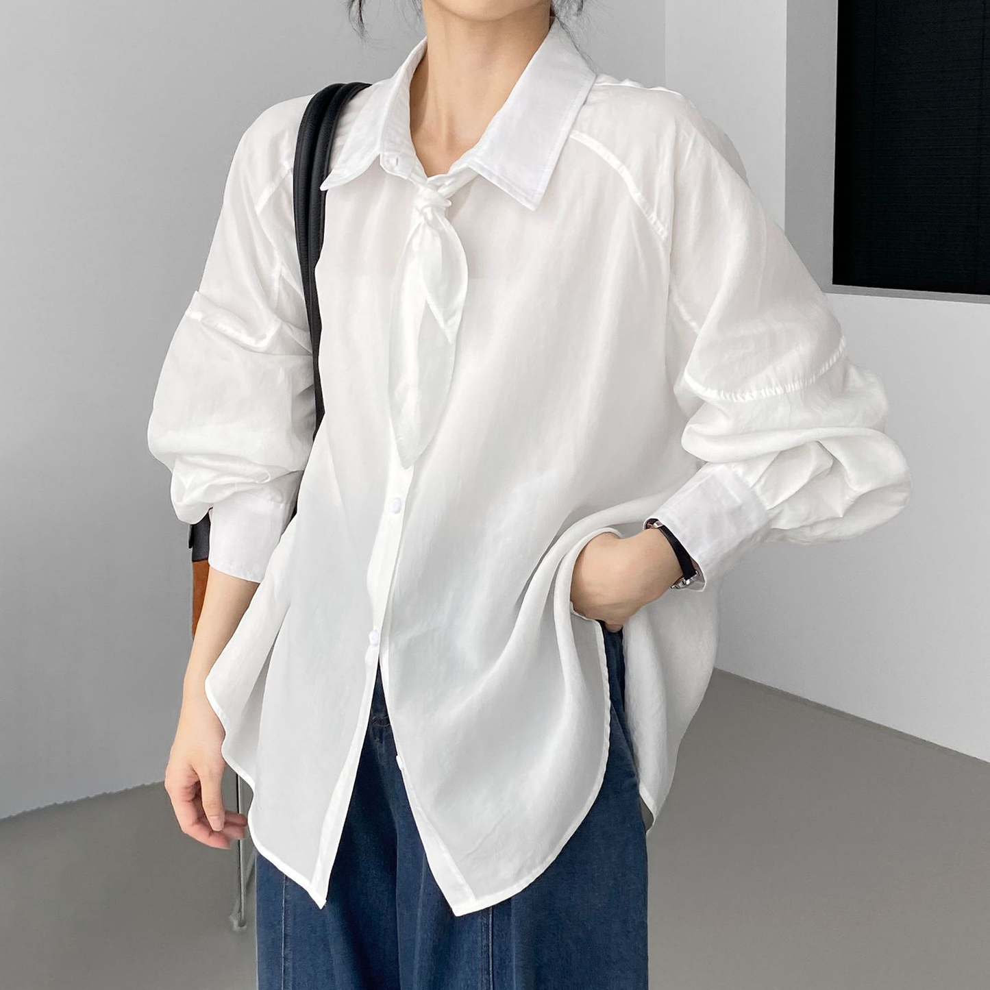 【トップス】韓国風 おしゃれ感 100％リヨセル ゆったりシャツ レディース リボン付きブラウス【JZシリーズ】