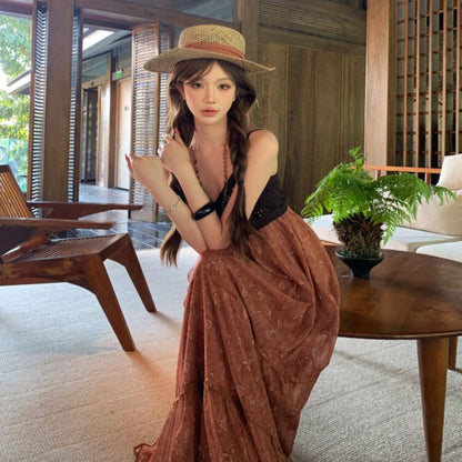 【ワンピース】レトロ スパンコール キャミワンピース レディース 夏新作 ブラウン Aライン リゾート 海辺 ノースリーブ ロングワンピース【SHシリーズ】
