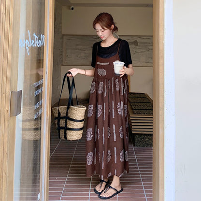 【ワンピース】韓国風ファッション カフェブラウン小花柄 ノースリーブキャミワンピース【SHシリーズ】