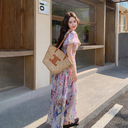 【ワンピース】夏 ドーパミン フラワー 油絵プリント 半袖ワンピース【SHシリーズ】