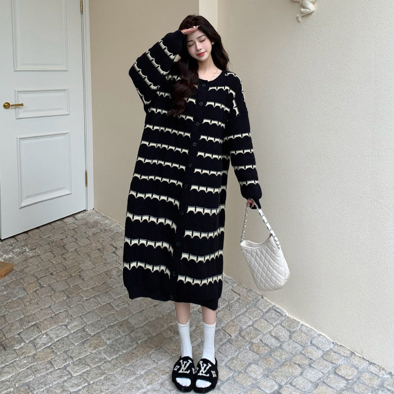 【ワンピース】ゆったりストライプニットロングワンピース レディース 冬新作 大きいサイズ ルーズシルエット こなれ感【JZシリーズ】
