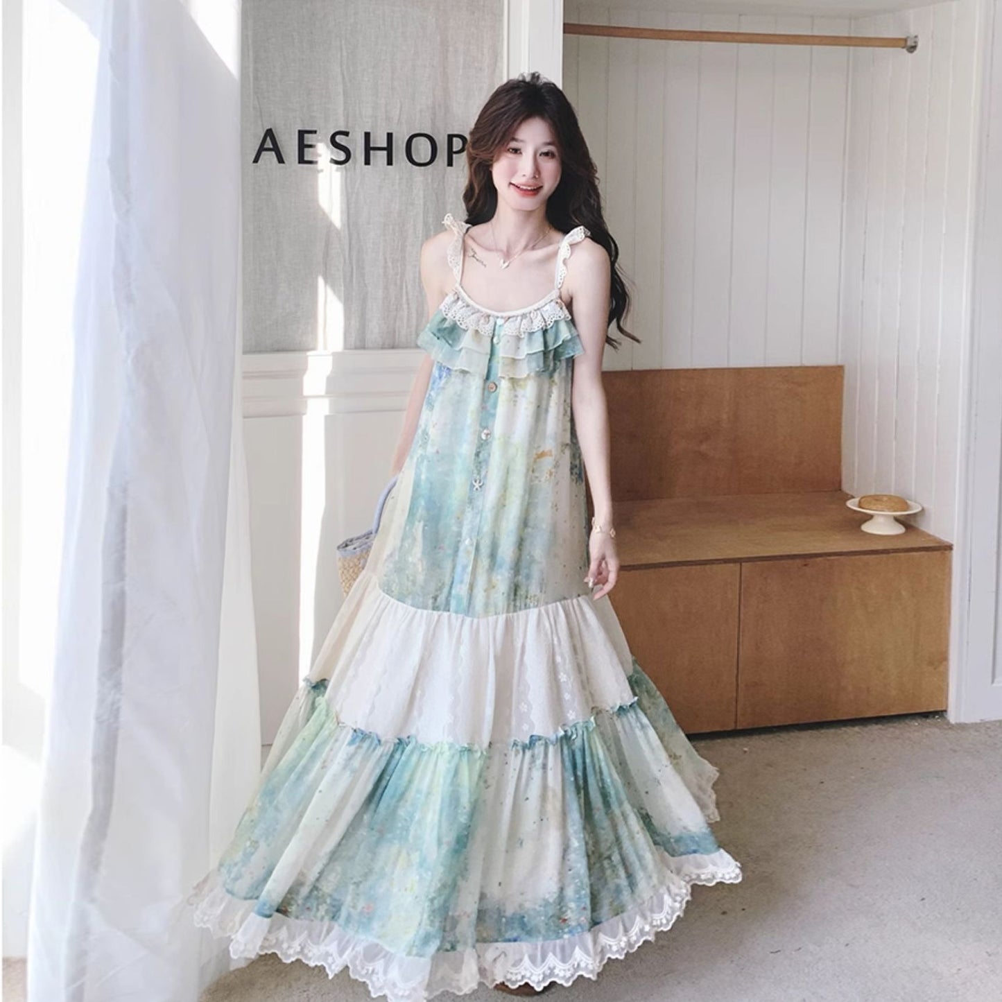 【ワンピース】フレンチヴィンテージ 森系 ビーチリゾートワンピース 油絵風 ノースリーブキャミワンピース【SHシリーズ】