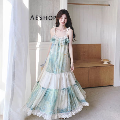 【ワンピース】フレンチヴィンテージ 森系 ビーチリゾートワンピース 油絵風 ノースリーブキャミワンピース【SHシリーズ】