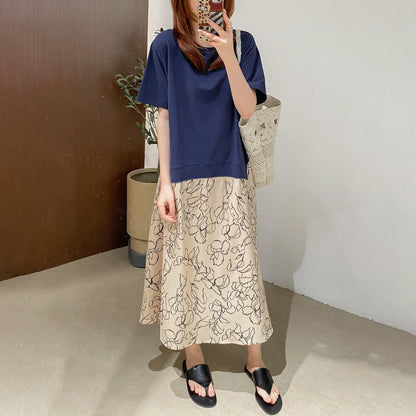 【ワンピース】カジュアル フェイクレイヤード ラウンドネック Tシャツドッキング 切替デザイン ゆったり ロングワンピース 夏新作【JZシリーズ】