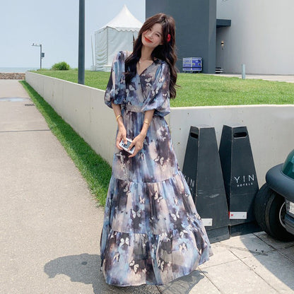 【ワンピース】リゾート風 ロマンティック 蝶々プリント Vネック 半袖ワンピース 高見え バルーンスリーブ サマードレス【SHシリーズ】