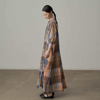 【ワンピース】フレンチリゾート風 チェック柄ロングシャツワンピース 半袖 ゆったりシルエット【SHシリーズ】