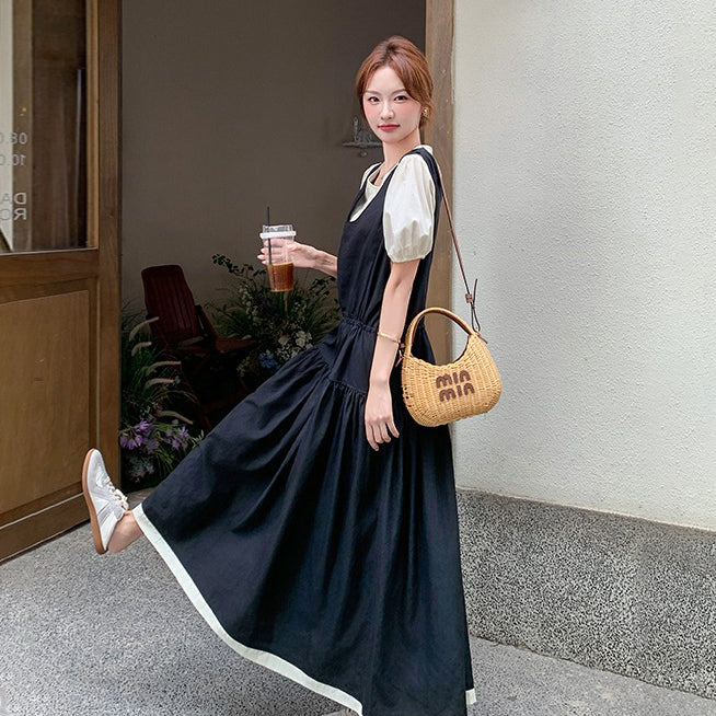 2点セット！【セットアップ】夏人気 若見えコーデ サロペットワンピース＋トップス 2点セット レディース フレンチ風 上品ロング丈セットアップ【JZシリーズ】