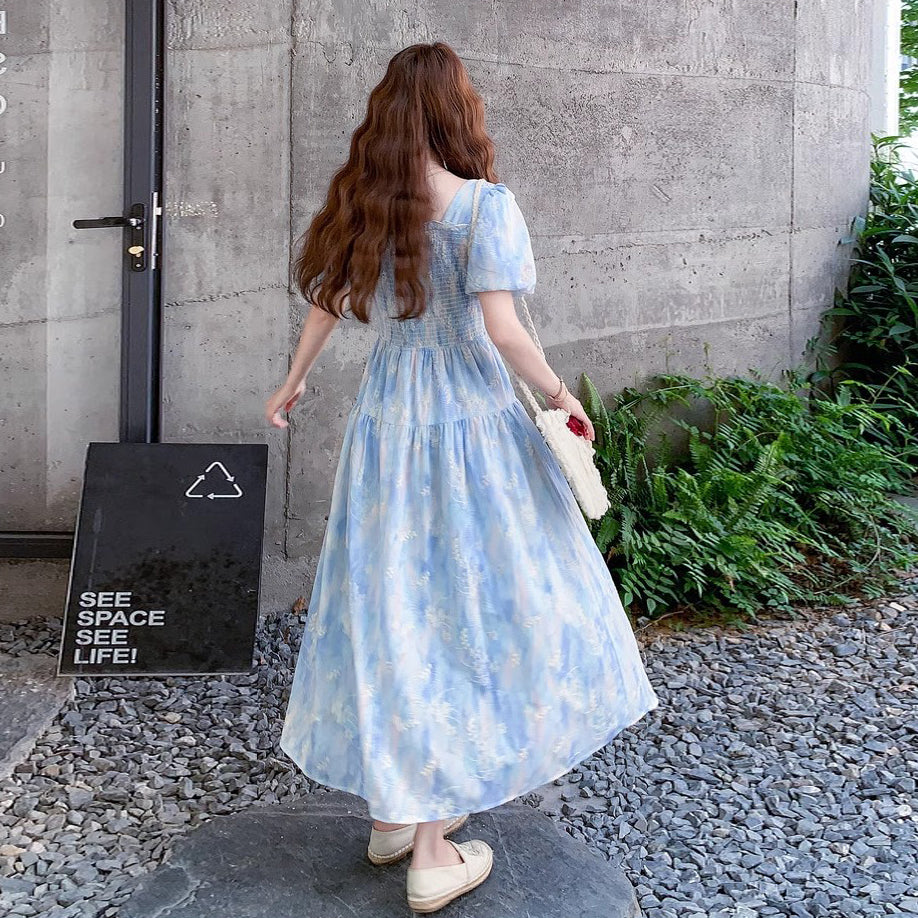 【ワンピース】グラデーション染め刺繍入りパフスリーブワンピース Aライン半袖【SHシリーズ】