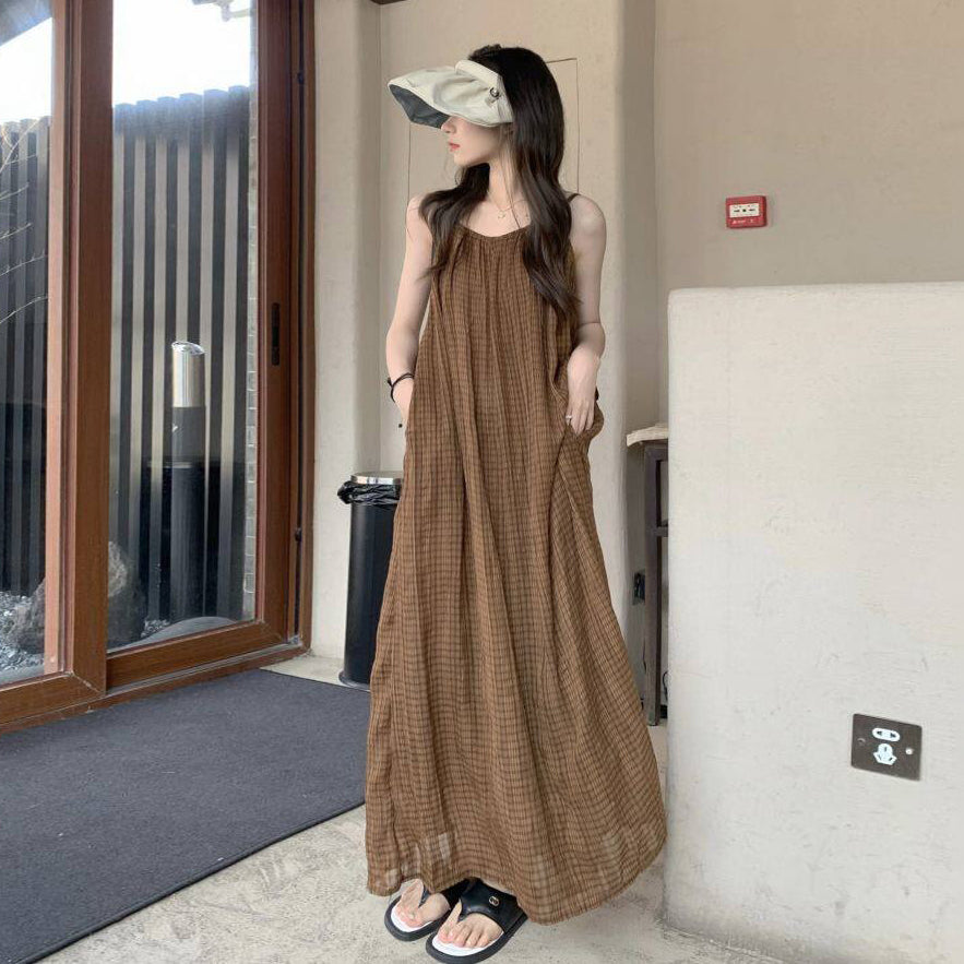 【ワンピース】フレンチ レトロ チェック キャミワンピース レディース 夏 リゾート 海辺 こなれ感 上品 ノースリーブ ロングワンピース【JZシリーズ】