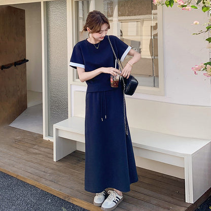 2点セット！【セットアップ】夏 体型カバー＆若見えカジュアルセットアップ 半袖Tシャツ＋スカート 上下セット【JZシリーズ】