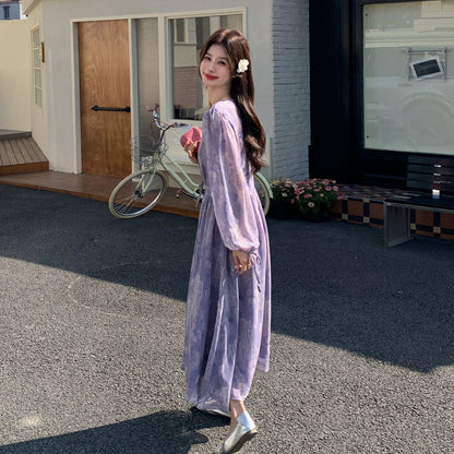 【ワンピース】フレンチ花柄ロングワンピース レディース 春秋 Vネック ハイウエスト フェミニン パープル【SHシリーズ】