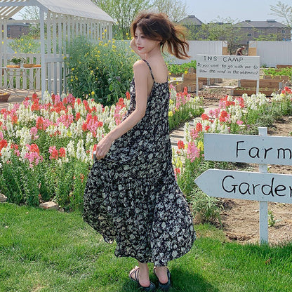 2点セット！【セットアップ】爽やか塩系コーデ◎デニムベスト＋花柄ノースリーブワンピースセット 韓国風リゾートスタイル【SHシリーズ】