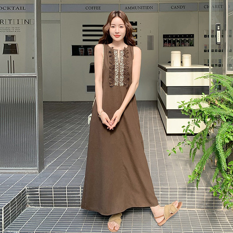 【ワンピース】映え感抜群 フリンジ×刺繍 ノースリーブボヘミアンワンピース 体型カバーも叶うリゾートスタイル【JZシリーズ】