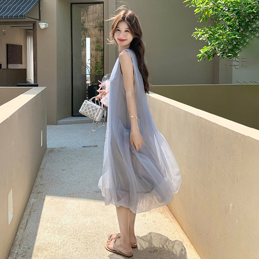 【ワンピース】大人可愛い ワンピース レディース 夏 ノースリーブ チュール 花びらシルエット ミディ丈 フェミニン【JZシリーズ】