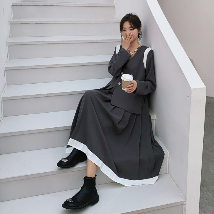 【ワンピース】配色 長袖ワンピース レディース 春秋 細見え 気質 スーツ風プリーツワンピース【JZシリーズ】