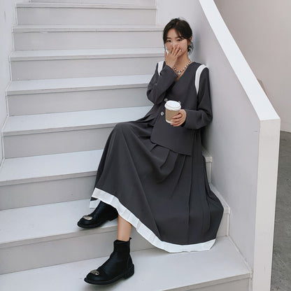 【ワンピース】配色 長袖ワンピース レディース 春秋 細見え 気質 スーツ風プリーツワンピース【JZシリーズ】