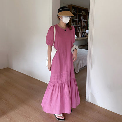 【ワンピース】リネン 夏 リネンライク 半袖ロングワンピース ゆったりシルエットで体型カバー＆涼やか美人見え✨【JZシリーズ】